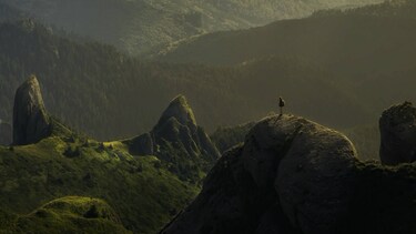 Frau steht auf Berggipfel