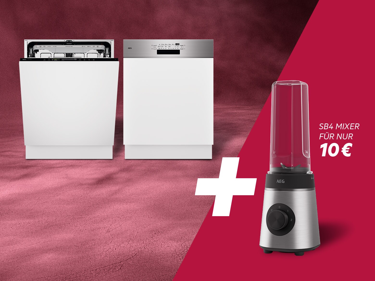Zwei AEG Geschirrspüler neben einem AEG SB4‑1‑4ST Standmixer, beworben als Bundle Deal – Standmixer für nur 10 € beim Kauf eines Geschirrspülers.